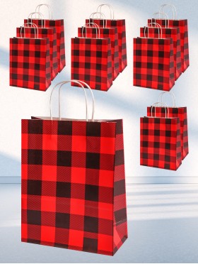Red and black grid printed white kraft paper gift bags(12Pcs) 13"